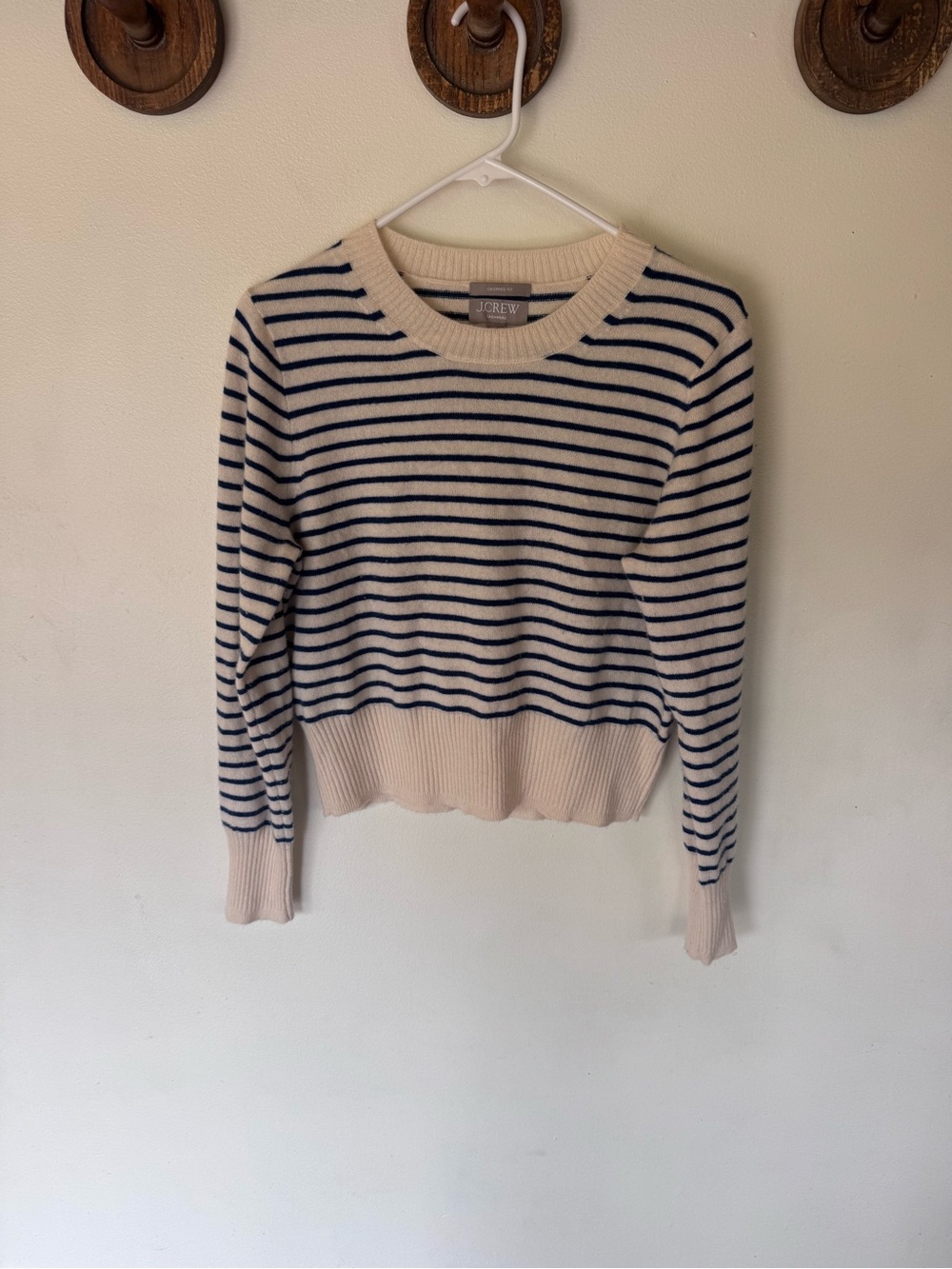 J. Crew Cashmere Women's Cream and Navy Striped crop Sweater size medium